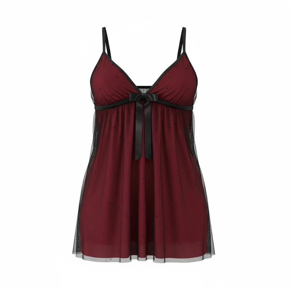 VTG Sheer Babydoll Top Burgundy Black Mesh Bow Victoria Secret Small Vixen
